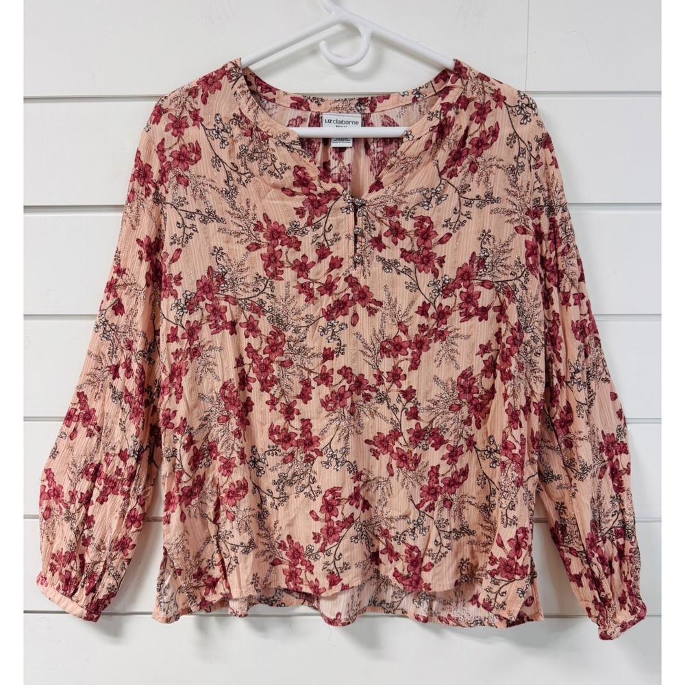 Liz Claiborne Petite PXL Floral Blouse Pink Gold Metallic Stripe Long Sleeve Top